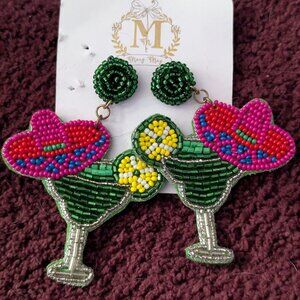 Handmade beaded Margarita with sombrero seed beaded dangle earrings.
